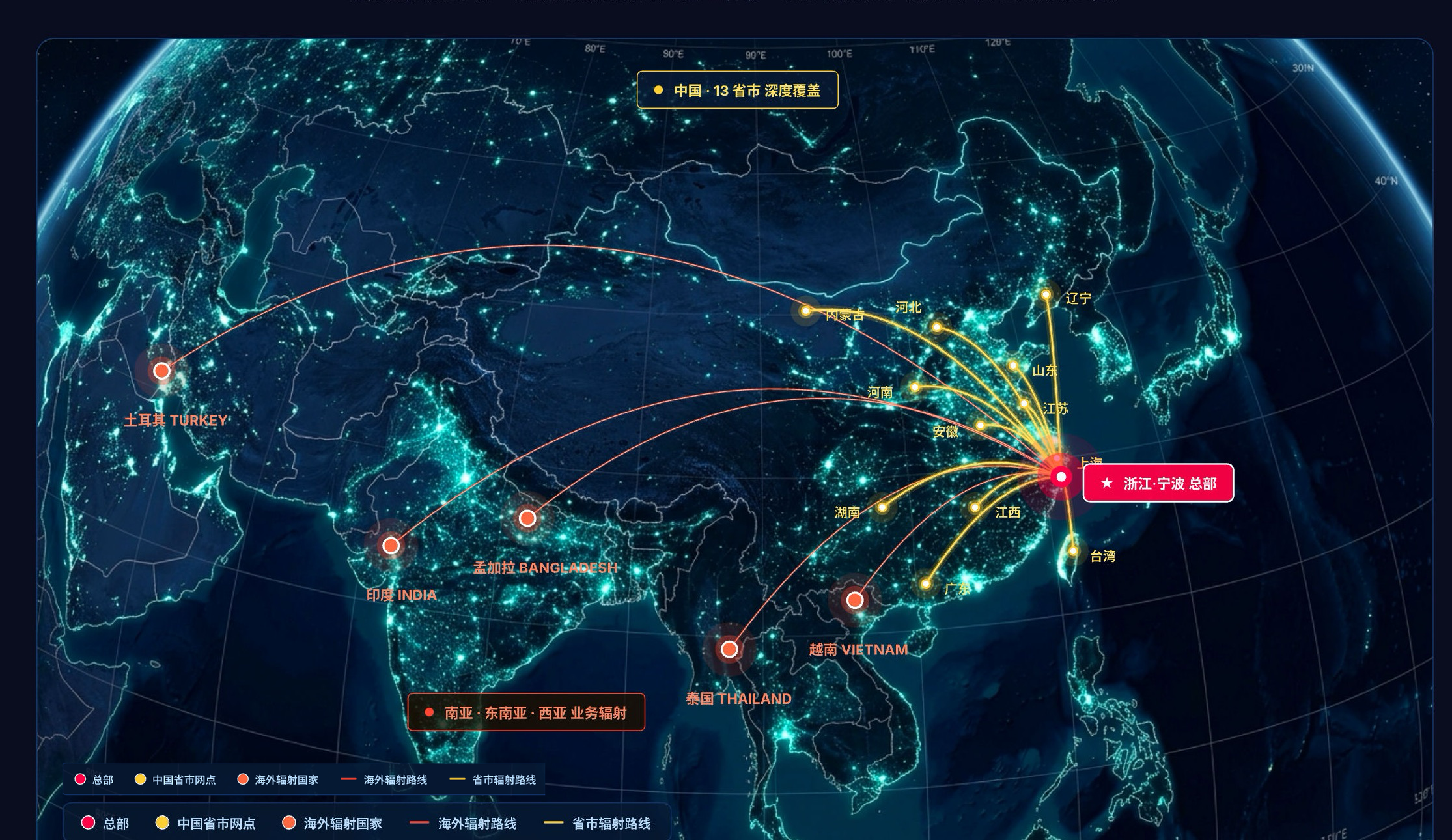 K8凯发(中国)智能业务辐射网络 - 中国 13 省市深度覆盖 · 南亚东南亚西亚 5 大海外市场